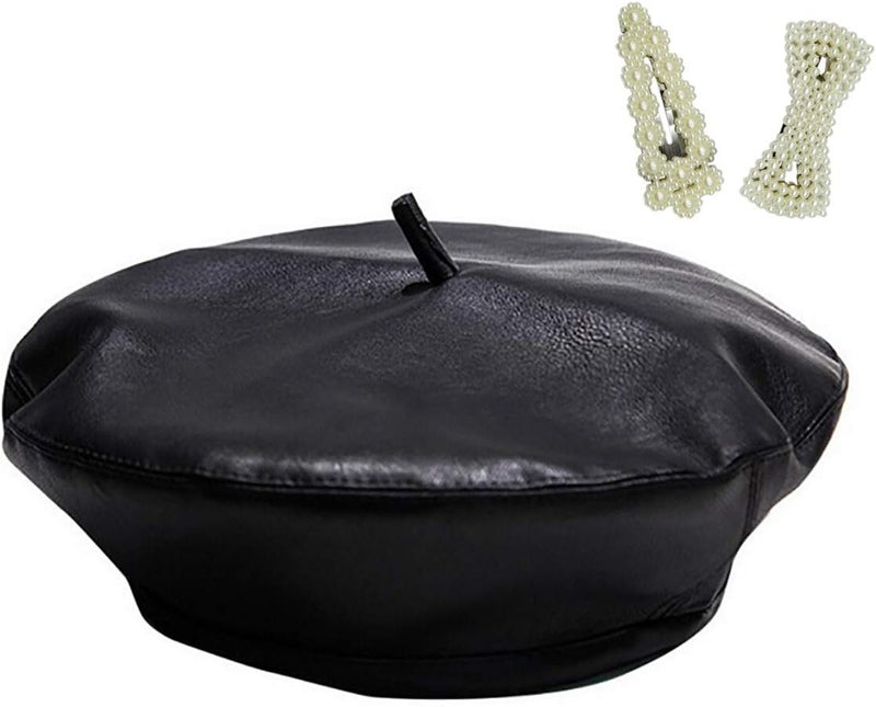 Women PU Leather French Black Beret Hat Causal Beanie Hat